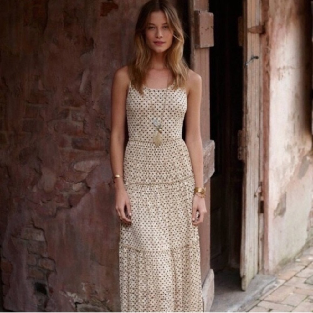 Anthropologie Meadow Rue Marigny cream with black polka dot maxi dress
